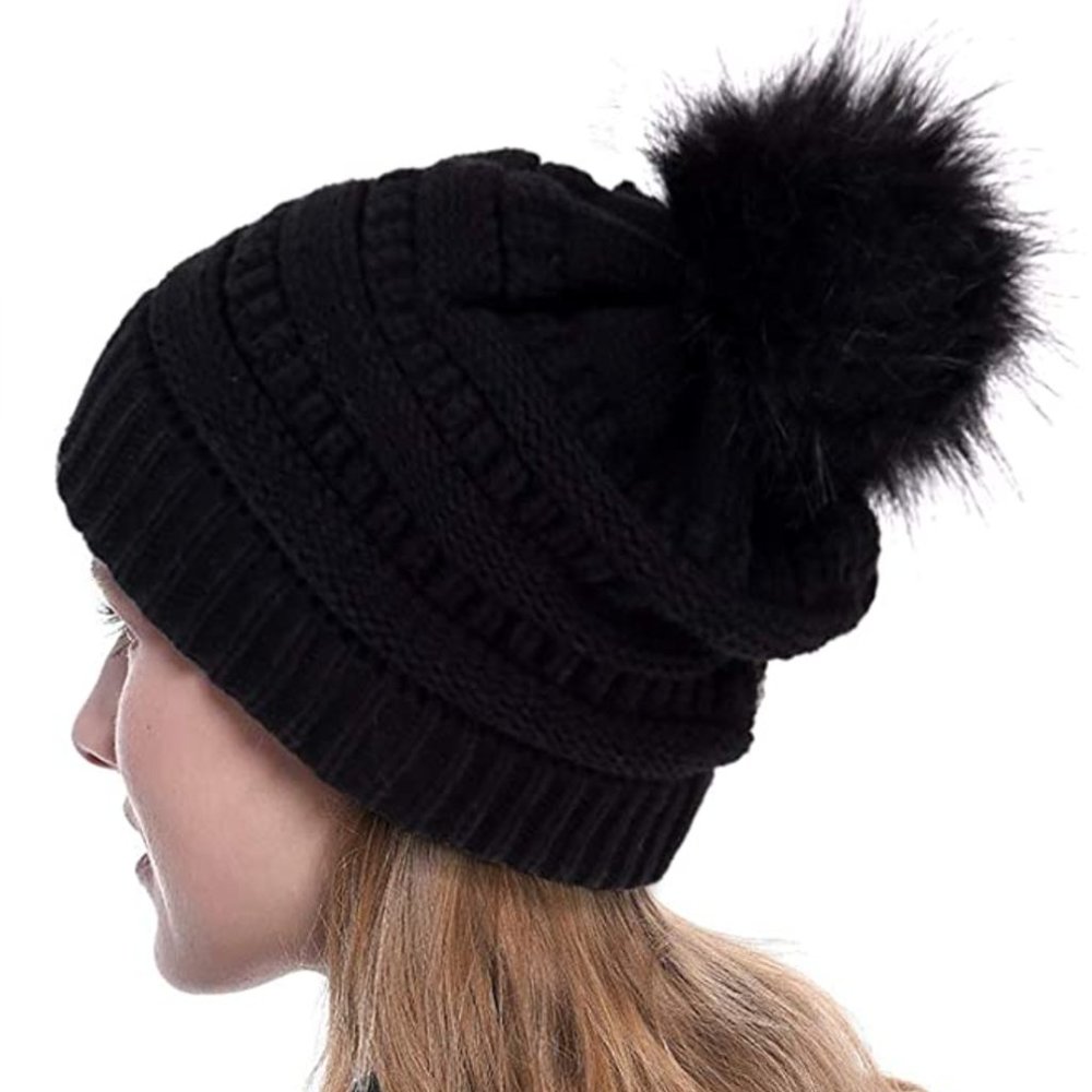 BLACK FAUX FUR POM POM KNIT HAT WINTER BEANIE - Picture 3 of 4